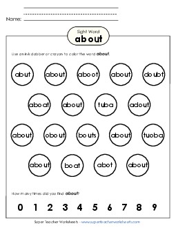 Dab or Color: About Sight Words Individual Worksheet