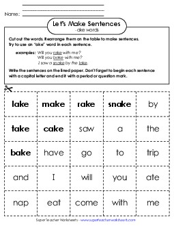 Make Sentences: Word Cards (-ake) Word Families Worksheet