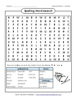 Word Search Puzzle (C-School Words)  Spelling C Worksheet