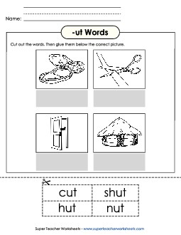 Cut and Glue (-ut) Word Families Worksheet