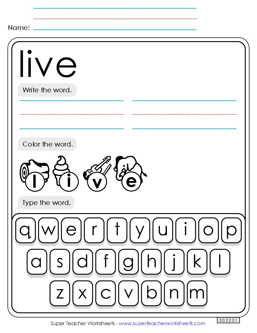 Write, Color, Type: Live Sight Words Individual Worksheet