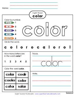 Worksheet 4: Color Sight Words Individual Worksheet