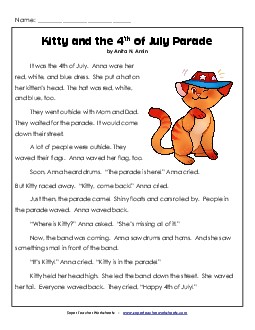 Kitty and the 4th of July Parade 2nd Grade Reading Comprehension Worksheet