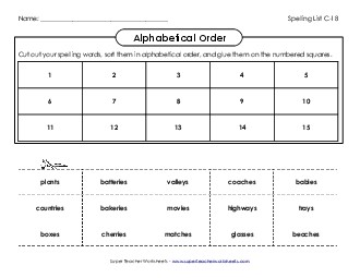 ABC Order: Cut and Glue (C-18) Spelling C Worksheet