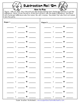 Subtraction Dice Game (2 Players) Free Worksheet