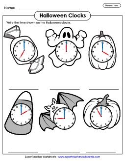 Halloween Clocks - Nearest Hour Worksheet