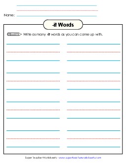 Brainstorm and Write (-it) Word Families Worksheet