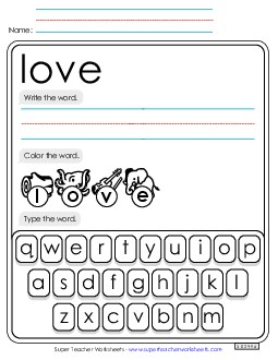 Write, Color, Type: Love Sight Words Individual Worksheet