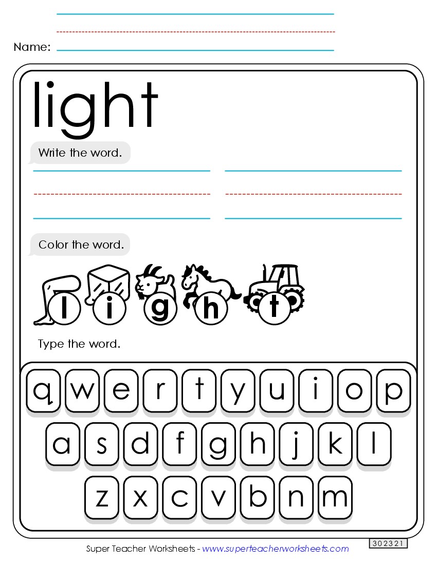 Write, Color, Type: Light Sight Words Individual Worksheet