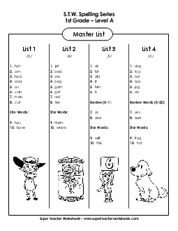 Spelling Master List (Level A)  Spelling A Worksheet