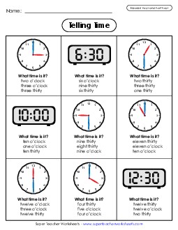 Time Nearest Half Hour (Multiple Choice) Worksheet