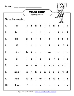 Horizontal Word Hunt (A-3) Spelling A Worksheet