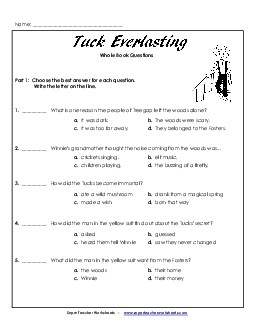 Whole Book Questions Book Tuck Everlasting Worksheet