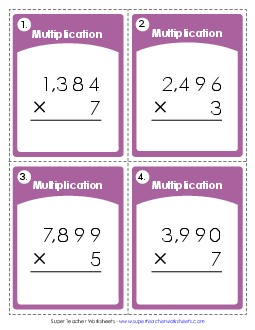 Task Cards (4-Digit Times 1-Digit) Multiplication Worksheet