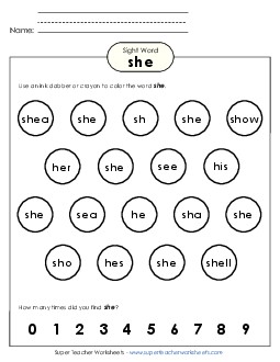 Dab or Color: She Sight Words Individual Worksheet