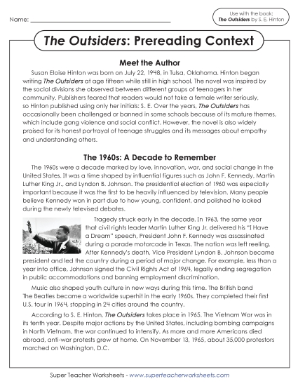 New Prereading Context: <i>The Outsiders</i><br>Meet the Author and Learn About the 1960s Worksheet New Prereading Context: <i>The Outsiders</i><br>Meet the Author and Learn About the 1960s Worksheet