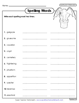 Write Words Twice (Halloween) Spelling F Worksheet