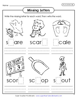 Missing Letters (Sc- Words) Phonics Blends Worksheet