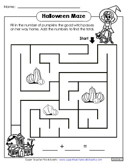 Addition Maze (Basic) Halloween Worksheet