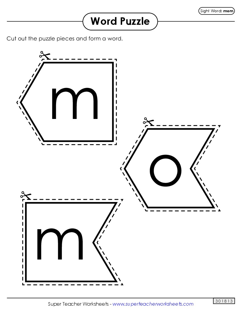 Word Puzzle: Mom Sight Words Individual Worksheet