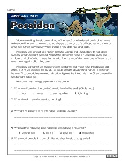 Greek Gods Series: Poseidon Reading Comprehension Reading Comp Short Worksheet