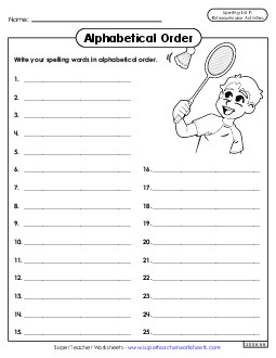 Alphabetical Order: Whole List (Extracurriculars) Spelling F Worksheet