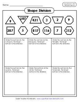 Shape Division: 3-Digit Dividends (w/ Remainders) Worksheet