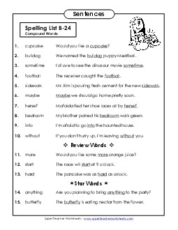 Spelling Test Sentences (B-24) Spelling B Worksheet