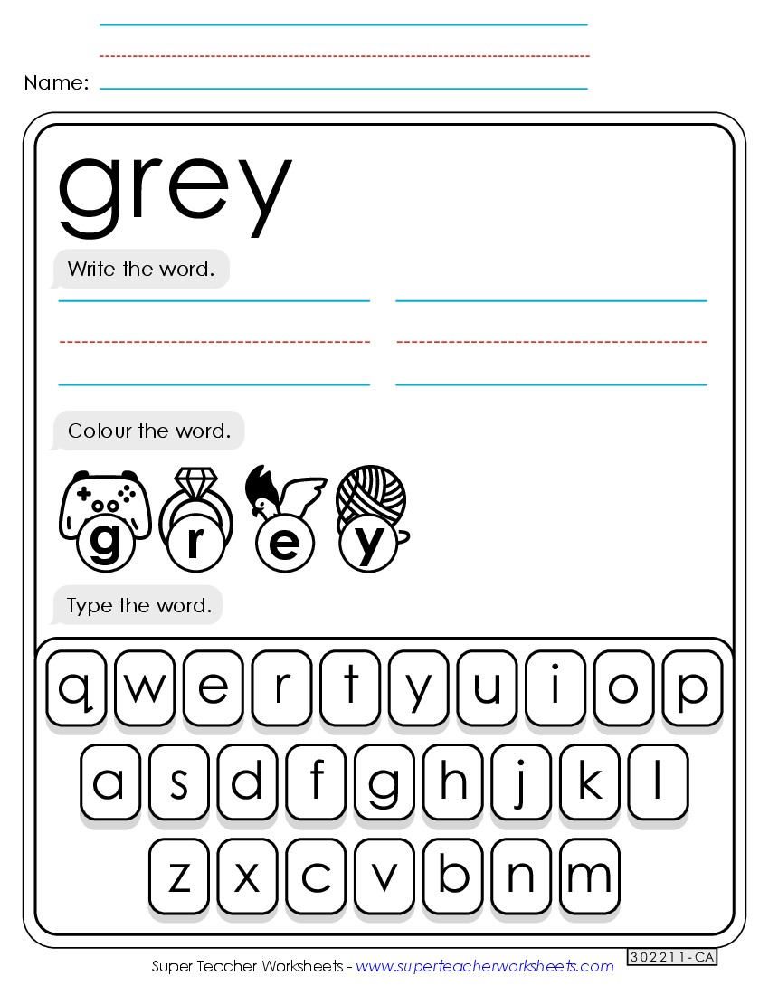 Write, Color, Type: Gray Sight Words Individual Worksheet