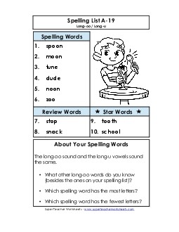 Spelling List A-19 Spelling A Worksheet