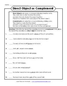 Direct Object or Complement Grammar Worksheet