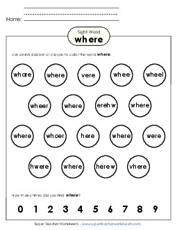 Dab or Color: Where Sight Words Individual Worksheet