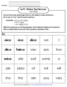 Make Sentences: Word Cards (-ice) Word Families Worksheet