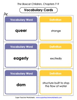 Vocabulary Cards for Chapters 7-9 Book The Boxcar Children Worksheet