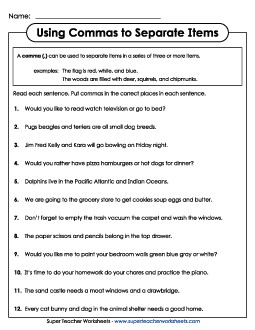 Commas Separating Items in a Series 3rd Grade ELA Worksheet