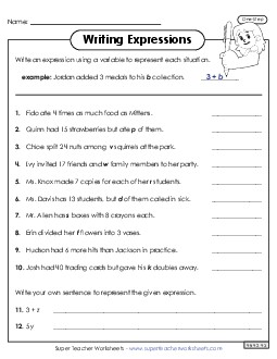 Writing One-Step Expressions Writing Expressions Worksheet