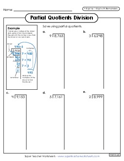 Partial Quotients  4-Digit by 1-Digit Division (with Remainders) Worksheet