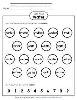 Dab or Color: Water Sight Words Individual Worksheet