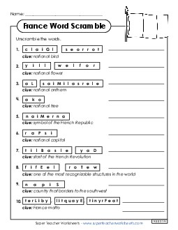 Word Scramble - France Worksheet