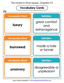 Vocabulary Cards: Chapters 7 - 9 Book The Cricket In Times Square Worksheet