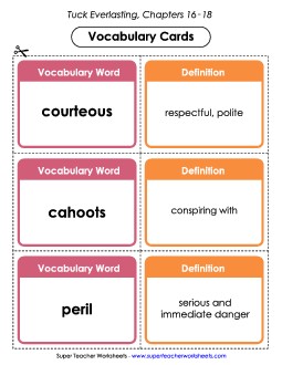 Vocab. Cards for Chapters 16-18 Book Tuck Everlasting Worksheet