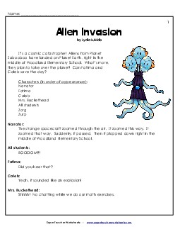 Alien Invasion (Readers\' Theater) 3rd Grade Reading Comprehension Worksheet