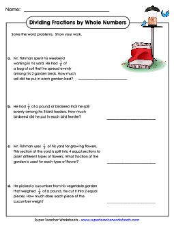 Word Problems: Dividing Fractions by Whole Numbers Worksheet