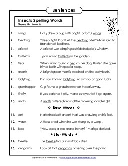 Spelling Test Sentences (B-Insect Words) Spelling B Worksheet