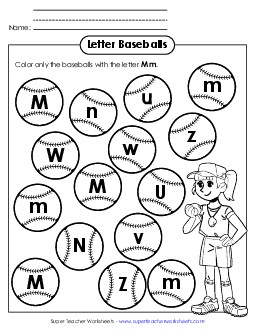 Letter M m Recognition - Baseballs Alphabet Worksheet