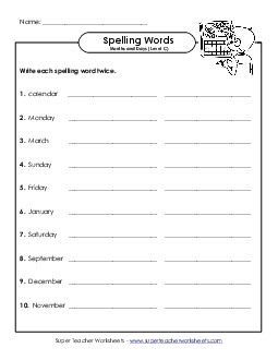 Write Two Times (C-Months and Days)  Spelling C Worksheet