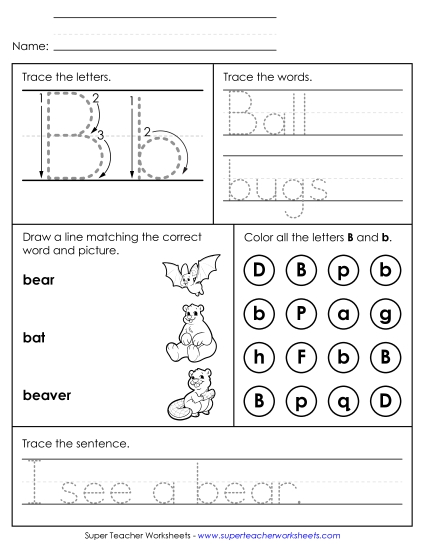 Letter B - Mixed Skills (Intermediate) Alphabet Worksheet