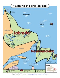 Newfoundland and Labrador Map (Full Colour) Canada Worksheet