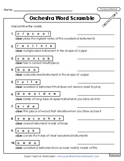 Woodwinds - Word Scramble Music Instrument Families Worksheet