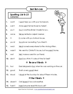 Spelling Test Sentences (B-21) Spelling B Worksheet